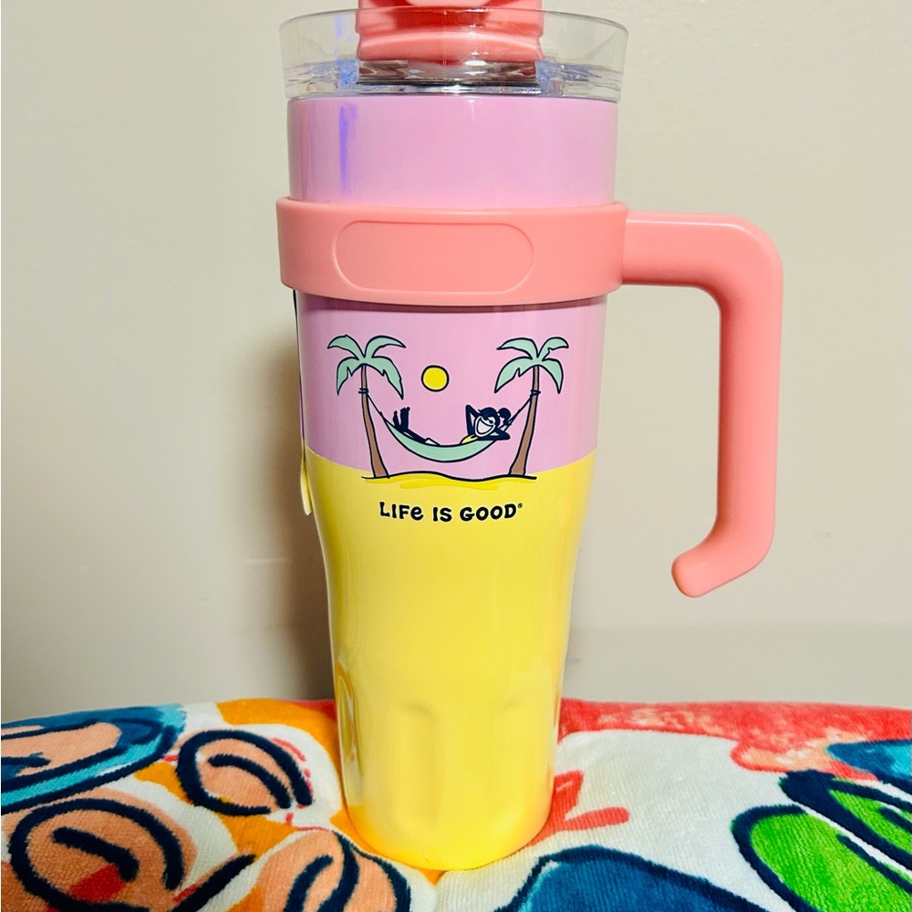 SALE 🎉 NWT Corkcicle Yellow and Pink Travel Mug “ Life Is Good “ ✅✅